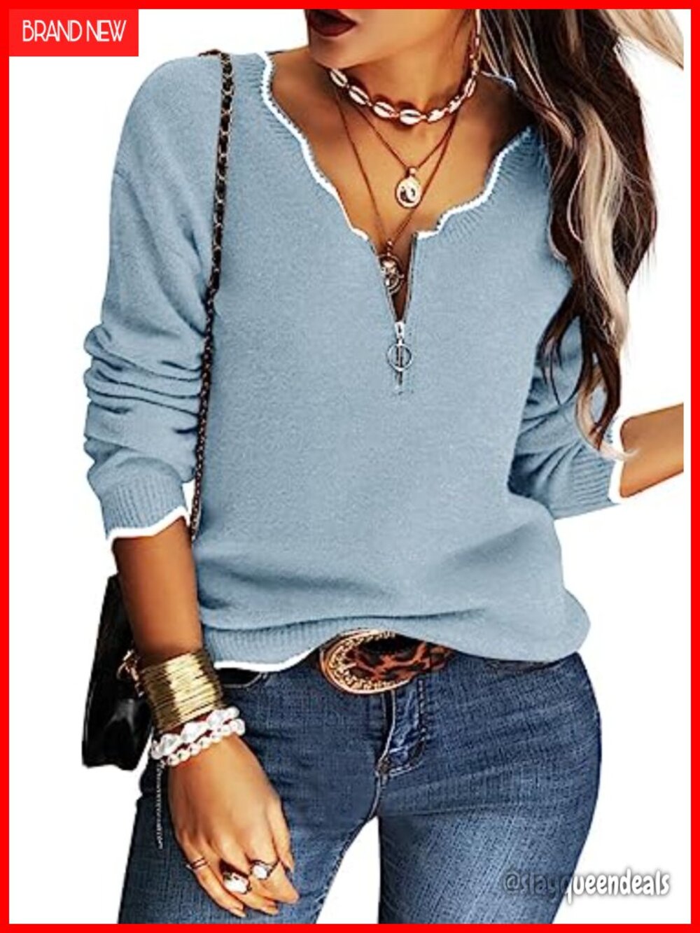 Womens V Neck Half Zip Stripe Knit Pullover Sweater Jumper